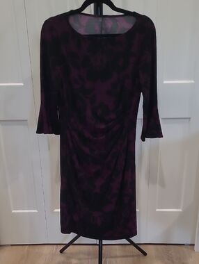 CHAPS by Ralph Lauren Purple and Black Floral Long Flutter Sleeve Sheath Dress